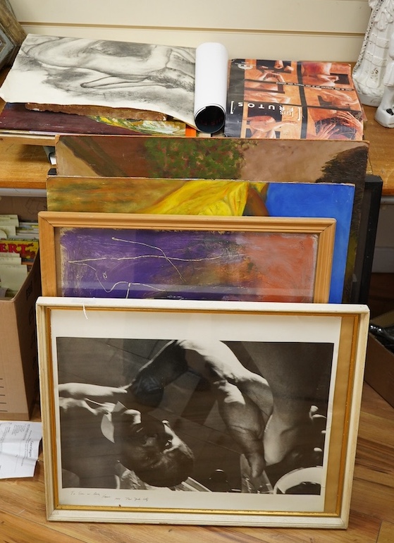 Luis Frutos (Spanish b.1947), set of three mixed medias on board, together with various artworks, prints and photographs, largely American, 1970's-80's. Condition - good.